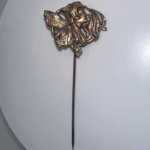 Antique Art Nouveau Victorian brass embossed woman’s face stick pin brooch